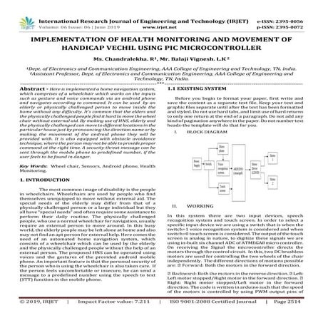 IRJET- Implementation of Health Monitoring and Movement of Handicap Vechil us...