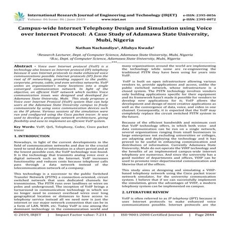 IRJET- Campus-Wide Internet Telephony Design and Simulation using Voice over ...