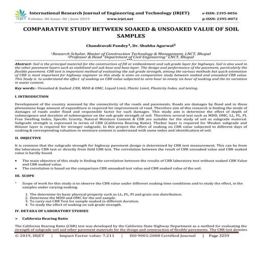 IRJET-  	  Comparative Study between Soaked & Unsoaked Value of Soil Samples
