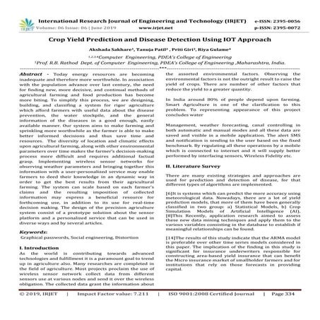 IRJET- Crop Yield Prediction and Disease Detection using IoT Approach