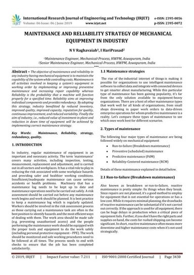 IRJET- Maintenance and Reliability Strategy of Mechanical Equipment in Industry