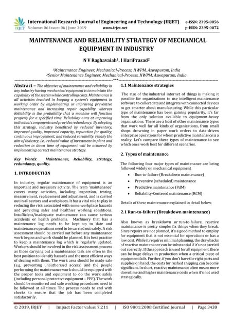 IRJET- Maintenance and Reliability Strategy of Mechanical Equipment in Industry