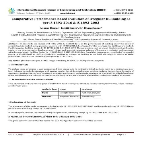 IRJET- Comprative Performance based Evalution of Irregular RC Building as per...