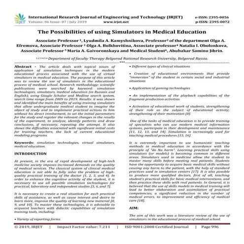 IRJET-  	  The Possibilities of using Simulators in Medical Education