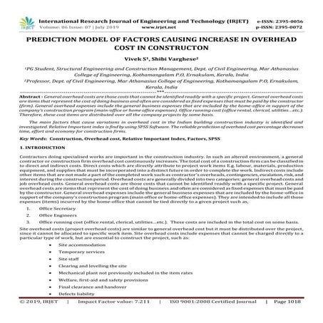 IRJET-  	  Prediction Model of Factors Causing Increase in Overhead Cost in C...