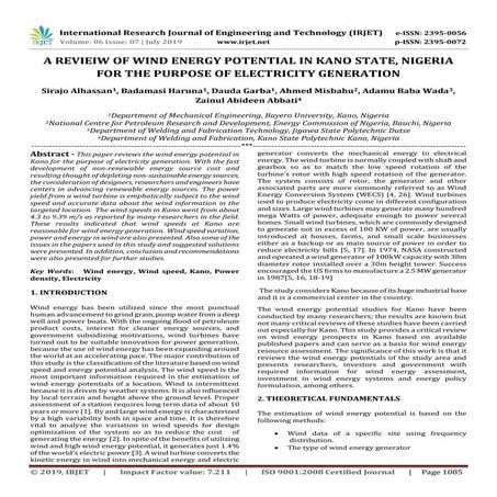 IRJET-  	  A Revieiw of Wind Energy Potential in Kano State, Nigeria for the ...
