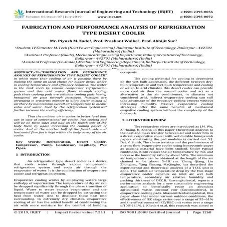IRJET-  	  Fabrication and Performance Analysis of Refrigeration Type Desert ...
