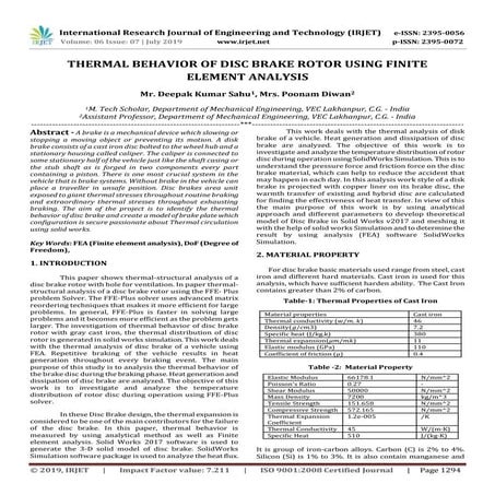 IRJET- Thermal Behavior of Disc Brake Rotor using Finite Element Analysis