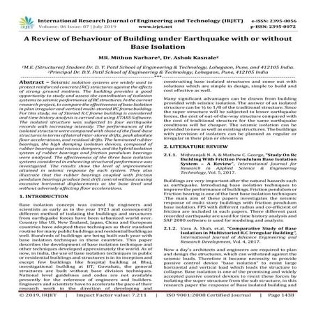 IRJET-  	  A Review of Behaviour of Building under Earthquake with or without...