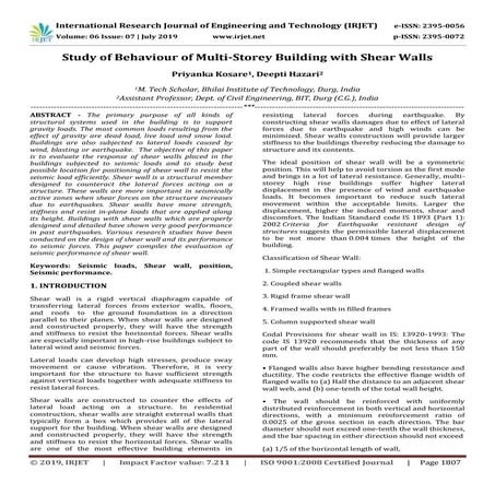 IRJET- Study of Behaviour of Multi-Storey Building with Shear Walls | PDF