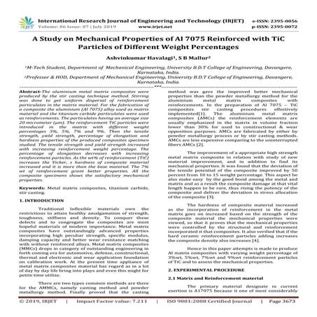 IRJET-  	  A Study on Mechanical Properties of Al 7075 Reinforced with TiC Pa...