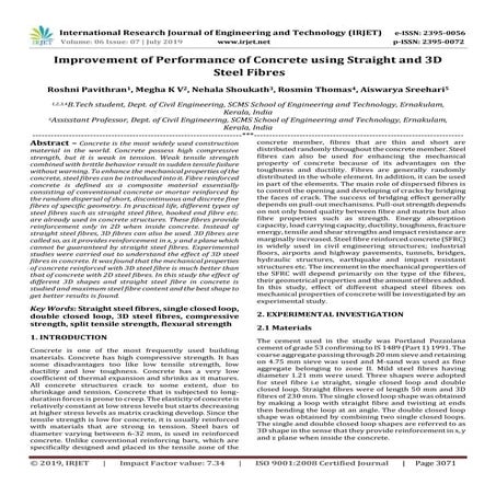 IRJET-  	  Improvement of Performance of Concrete using Straight and 3D Steel...