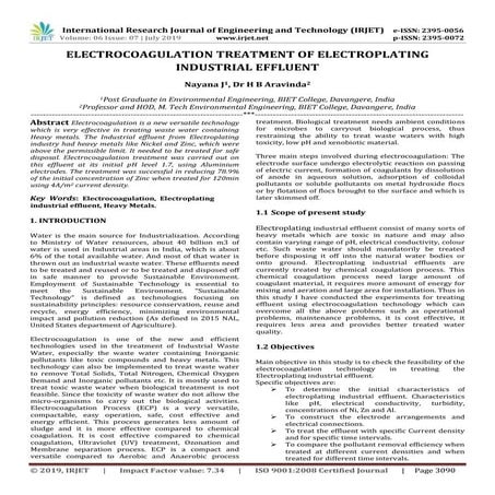 IRJET- Electrocoagulation Treatment of Electroplating Industrial Effluent