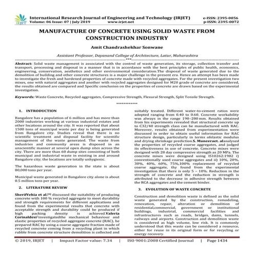 IRJET- Manufacture of Concrete using Solid Waste from Construction Industry