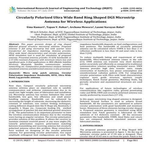 IRJET-  	  Circularly Polarized Ultra Wide Band Ring Shaped DGS Microstrip An...