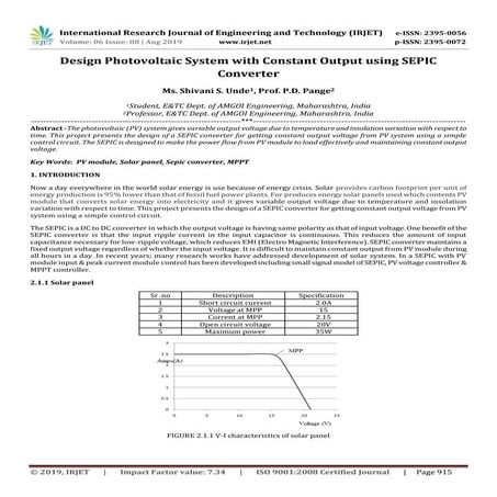 IRJET-  	  Design Photovoltaic System with Constant Output using SEPIC Converter