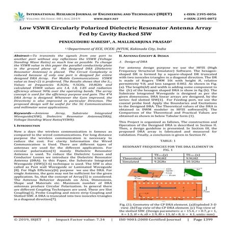 IRJET- Low VSWR Circularly Polarized Dielectric Resonator Antenna Array Fed b...