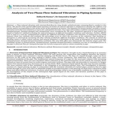 IRJET-  	  Analysis of Two Phase Flow Induced Vibration in Piping Systems