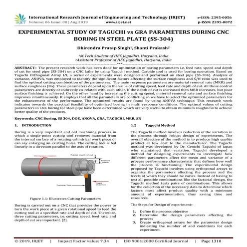 IRJET- Experimental Study of Taguchi Vs GRA Parameters During CNC Boring in S...