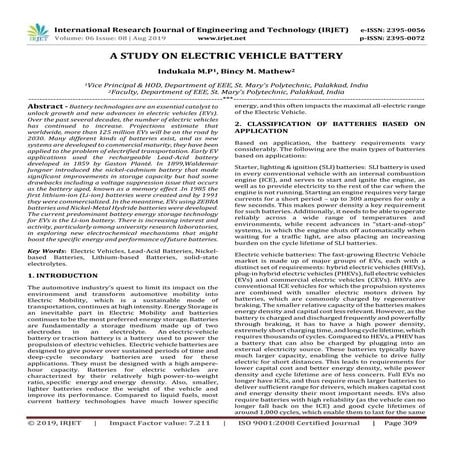 IRJET- A Study on Electric Vehicle Battery