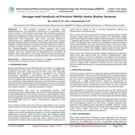 IRJET-  	  Design and Analysis of Passive Multi-Static Radar System