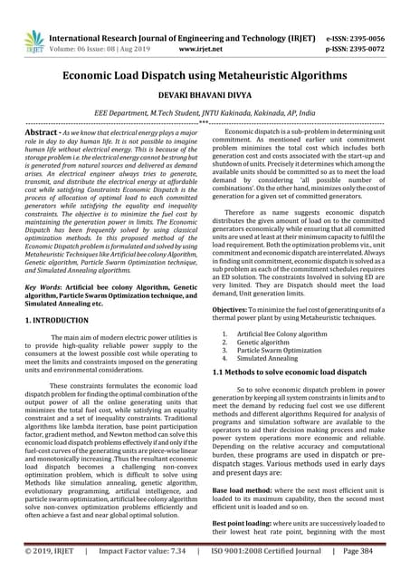 IRJET-  	  Economic Load Dispatch using Metaheuristic Algorithms