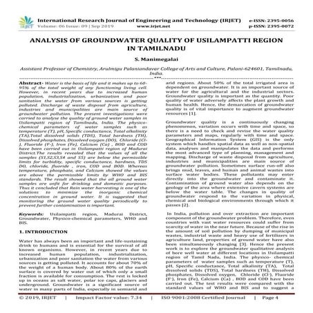IRJET- Analysis of Groundwater Quality of Usilampatti Region in Tamilnadu
