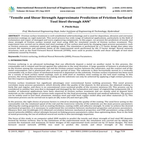 IRJET-  	  Tensile and Shear Strength Approximate Prediction of Friction Surf...