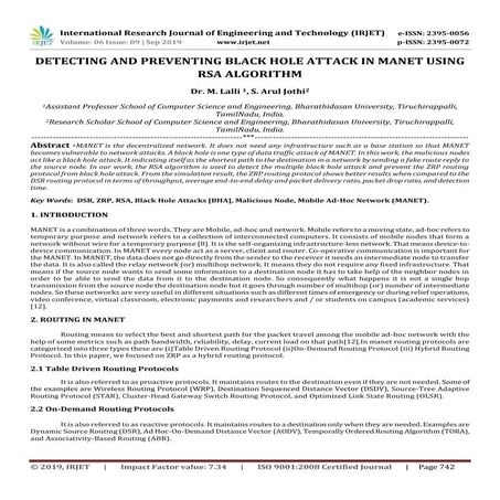 IRJET-  	  Detecting and Preventing Black Hole Attack in Manet using RSA Algo...