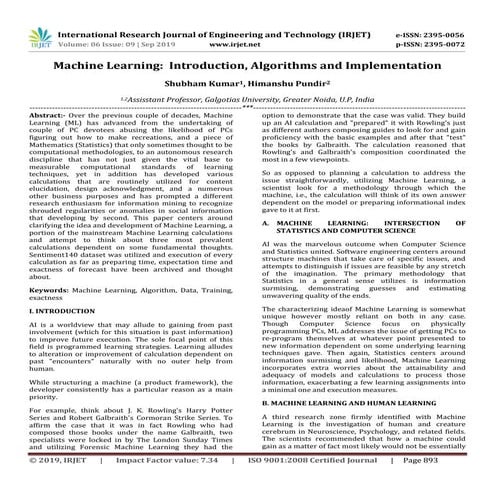 IRJET-  	  Machine Learning: Introduction, Algorithms and Implementation