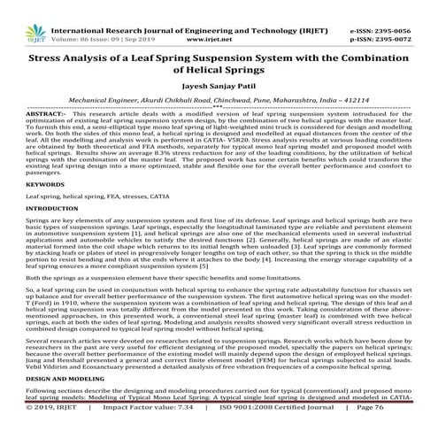 IRJET-  	  Stress Analysis of a Leaf Spring Suspension System with the Combin...