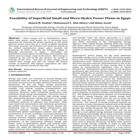 IRJET- Feasibility of Superficial Small and Micro-Hydro Power Plants in Egypt