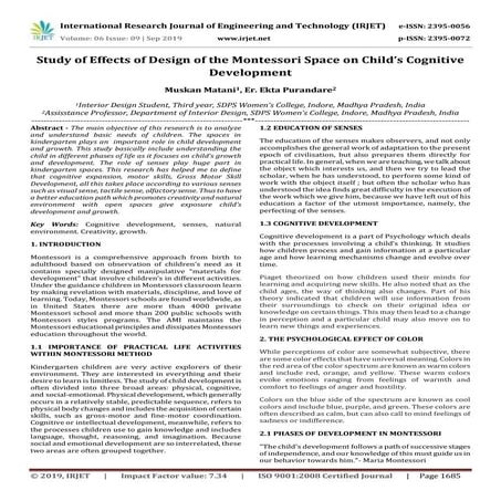 IRJET-  	  Study of Effects of Design of the Montessori Space on Child’s Cogn...