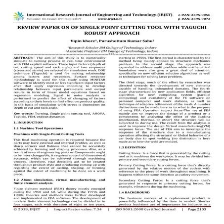 IRJET- Review Paper on of Single Point Cutting Tool with Taguchi Robust Approach