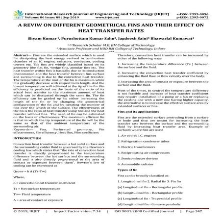 IRJET-  	  A Reviw on Different Geometrical Fins and their Effect on Heat Tra...