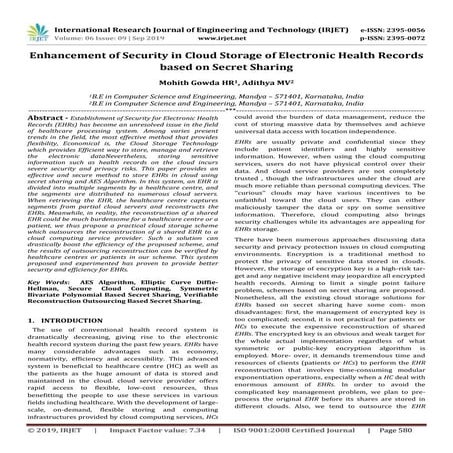 IRJET-  	  Enhancement of Security in Cloud Storage of Electronic Health Reco...