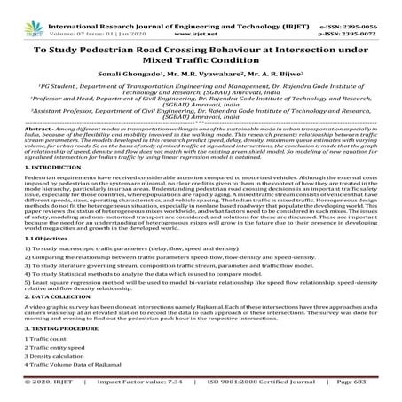 IRJET-  	  To Study Pedestrian Road Crossing Behaviour at Intersection under ...