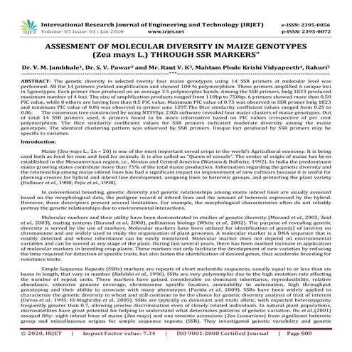 IRJET-  	  Assesment of Molecular Diversity in Maize Genotypes (Zea Mays L.) ...