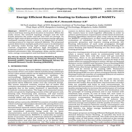 IRJET- Energy Efficient Reactive Routing to Enhance QOS of Manets