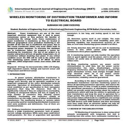 IRJET- Wireless Monitoring of Distribution Tranformer and Inform to Electrica...