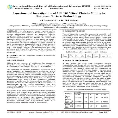 IRJET- Experimental Investigation of AISI 1015 Steel Plate in Milling by Resp...