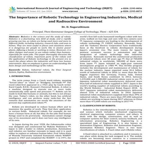 IRJET- The Importance of Robotic Technology in Engineering Industries, Medica...