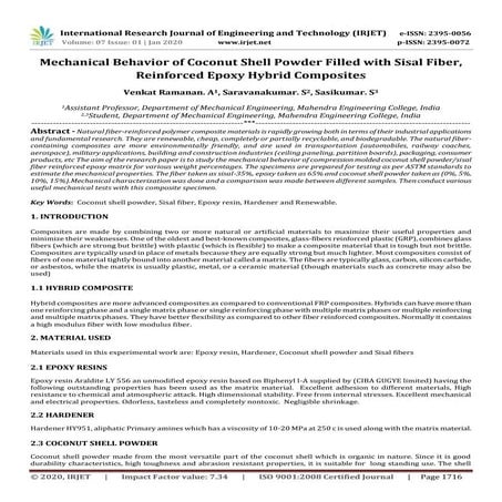IRJET- Mechanical Behavior of Coconut Shell Powder Filled with Sisal Fiber, R...