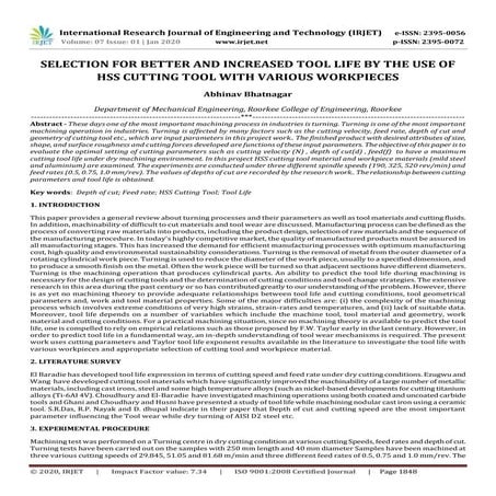 IRJET- Selection for Better and Increased Tool Life by the Use of HSS Cutting...