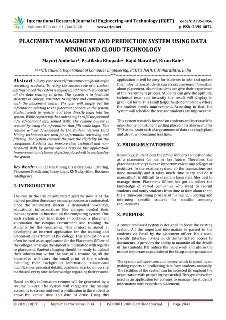 IRJET- Placement Management and Prediction System using Data Mining and Cloud...