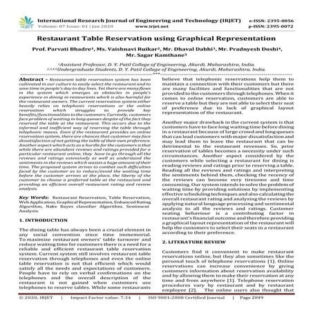 IRJET- Restaurant Table Reservation using Graphical Representation