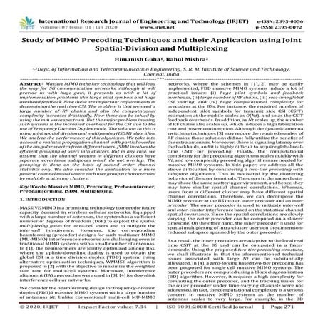 IRJET-  	  Study of MIMO Precoding Techniques and their Application using Joi...