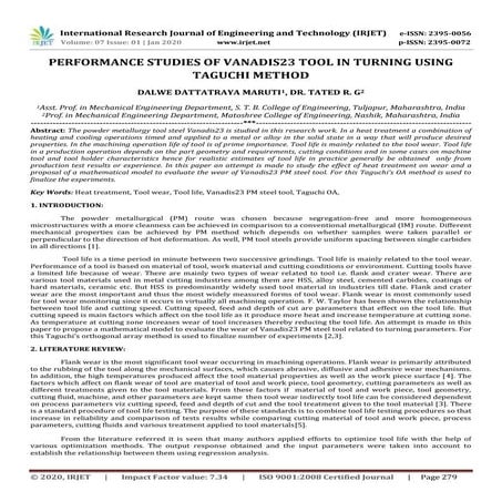 IRJET- Performance Studies of Vanadis23 Tool in Turning using Taguchi Method