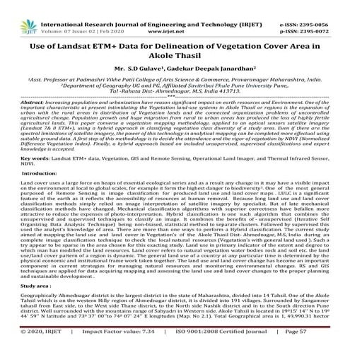 IRJET- Use of Landsat ETM+ Data for Delineation of Vegetation Cover Area in A...