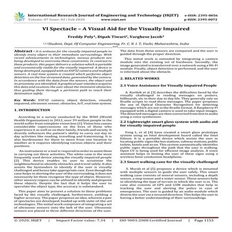 IRJET- VI Spectacle – A Visual Aid for the Visually Impaired
